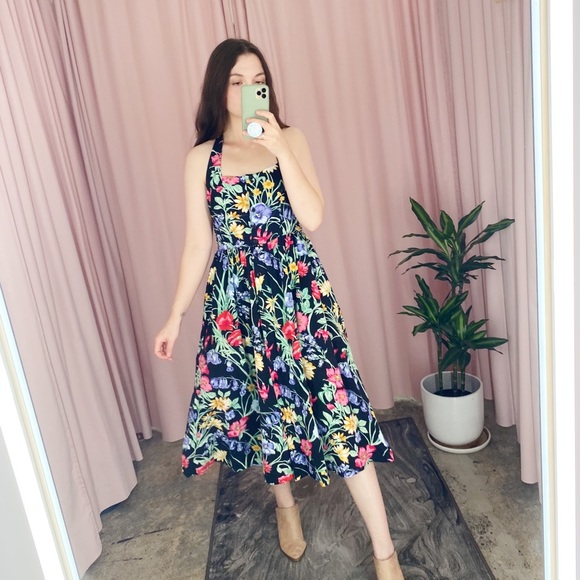 Vintage 80s 90s Floral Halter Midi Dress 6 - Picture 8 of 16